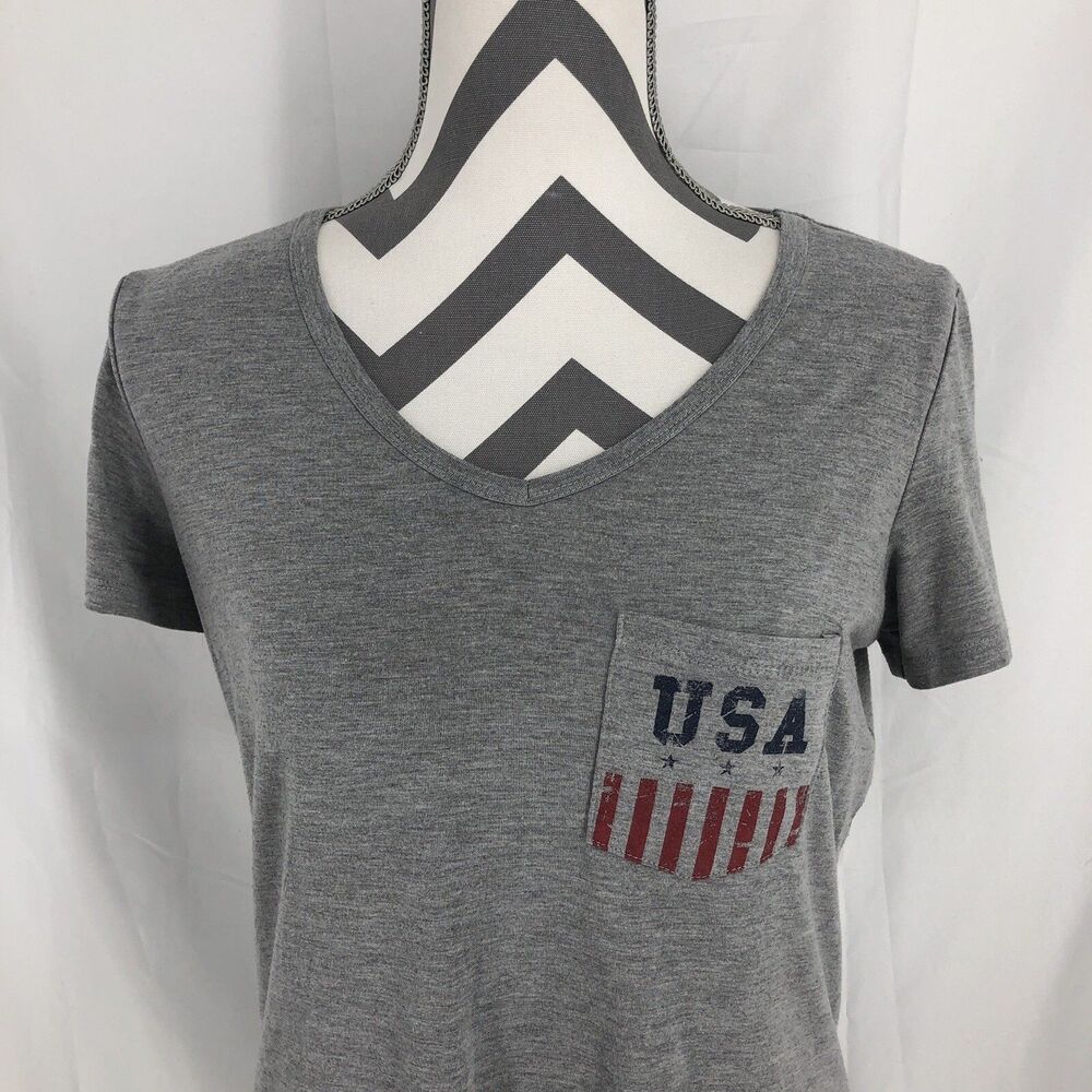 Maurices Gray V Neck Shirt Sleeve USA Flag Pocket T Shirt Medium